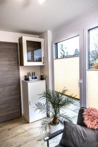 a living room with a refrigerator and a plant at Ferienwohnung Elsbeth in Biberach an der Riß +13 photos