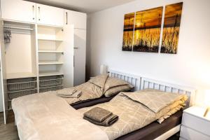 two beds in a bedroom with a painting on the wall at Ferienwohnung Elsbeth in Biberach an der Riß
