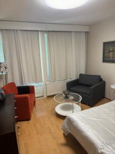 a bedroom with a bed and a couch and a table at Kylpylä-hotelli 261 in Ikaalinen