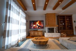 a living room with a fireplace and a tv at CHALET MACESEN Apartment Mauro with sauna - in the center of Kranjska gora in Kranjska Gora