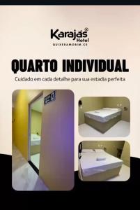 a poster of a room with a bed and a mirror at Karajás Hotel in Quixeramobim +3 photos