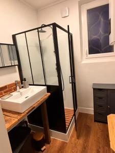 a bathroom with a shower and a white sink at Refuge Éclatant Paray 4 couchages in Paray-le-Monial