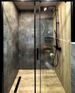 a shower with a glass door in a bathroom at Chora Suite in Alonnisos