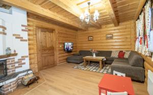 a living room with a couch and a fireplace at Chalúpky u babky - Chalúpka 18 s vírivkou in Liptovská Štiavnica