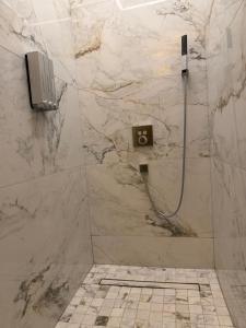 a bathroom with a shower with a tile floor at Les Suites in Strasbourg +5 photos