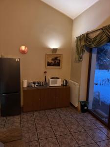 a kitchen with a refrigerator and a counter with a microwave at Noclegi na Asfaltowej in Sulejówek