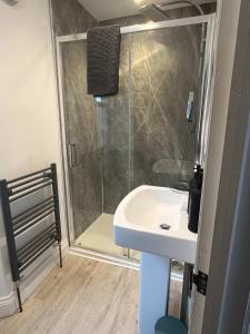 a bathroom with a shower and a white sink at 1 Bed Room Flat Close to seafront in Weston-super-Mare