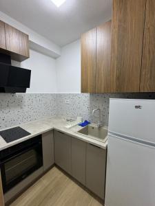 a kitchen with a white refrigerator and a sink at Block and Svemir Suiets in Kumanovo