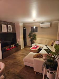 a living room with a couch and a tv at Cozy 3-Bedroom Home in Forus in Stavanger