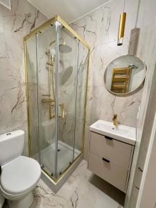a bathroom with a shower and a toilet and a sink at Leo Apartament in Konin +2 photos