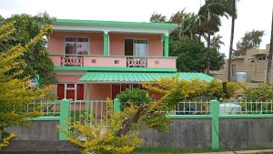 a pink house with a green fence in front of it at Chez Caze Maman in Crève Coeur +8 photos