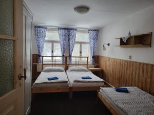 two beds in a small room with a window at Chalupa U Bertholda in Červená Voda