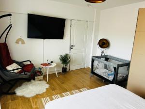 a bedroom with a bed and a flat screen tv on the wall at Cosy Nest Deva in Deva