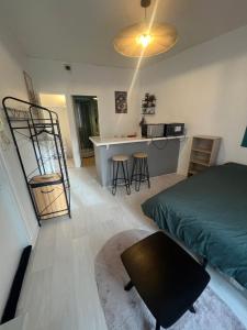 a bedroom with a bed and a kitchen with a counter at Studio meublé centre-ville Saint Junien in Saint-Junien +22 photos