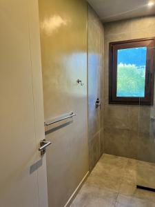 a bathroom with a shower with a glass door at Límite Sur Lodge in Trevelín