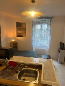 a kitchen with a sink and a bed in a room at Studio meublé centre-ville Saint Junien in Saint-Junien