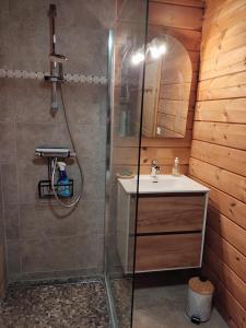 a bathroom with a shower and a sink at Chalet Le Gentiane in Bun +12 photos