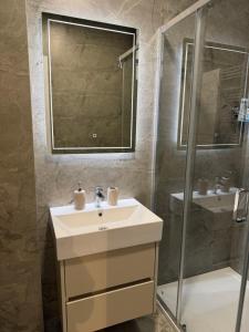 a bathroom with a sink and a shower at Stelmar Apartment in Banja Luka +11 photos