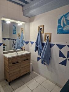 a bathroom with a sink and blue towels on the wall at L’Atelier de la Forge L’enclume in Martigny-le-Comte +21 photos