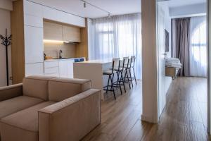 a living room and kitchen with a couch and a table at Mirror Apartments in Satu Mare