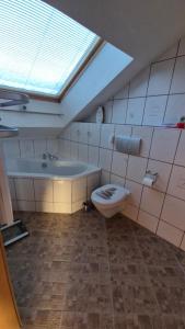a bathroom with a toilet and a sink and a skylight at Haus Ferien Bock in Clausthal-Zellerfeld +11 photos