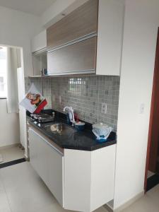 eine Küche mit weißen Schränken und einer Spüle in der Unterkunft Flat da Lua in Viçosa