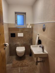 a bathroom with a toilet and a sink and a window at Ferienwohnung Pöll in Stanz bei Landeck +7 photos