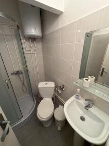 a bathroom with a toilet and a sink and a shower at Tim in Kalna