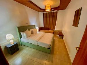 a bedroom with a bed and a chair and a lamp at The gorilla hideout in Ruhengeri