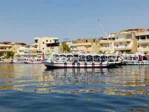 a group of boats are docked in the water at sunrise house in Luxor