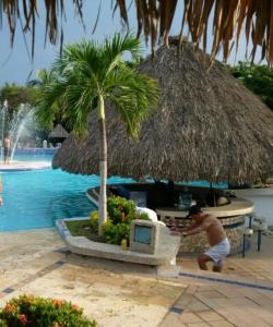 a man standing under a straw umbrella next to a pool at Costa Azul Apto603 in Playa Dormida