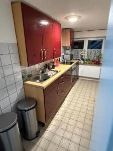 a kitchen with red cabinets and a sink at Nest-Unterkunft in Bad Überkingen +8 photos