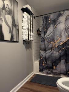 a bathroom with a shower curtain and a toilet at The Hillside Hottie! in Corydon +27 photos