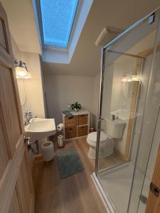 a bathroom with a shower and a toilet and a sink at Barnacle - quiet family Maine waterfront getaway in Orrs Island +41 photos
