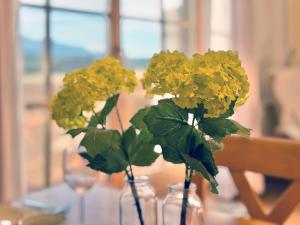 two glass vases filled with yellow flowers on a table at Sonnenhof Seeg 04 in Seeg +17 photos
