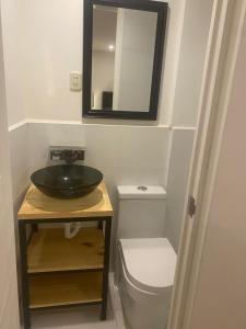 a bathroom with a sink and a toilet and a mirror at Condor Palace in Huayllay