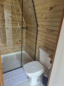 a bathroom with a toilet and a bath tub at Chalé solmar in Penha