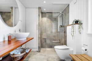a bathroom with a toilet and a sink and a shower at 319-Hvide-Sande-Gammeleng-16 in Hvide Sande +36 photos