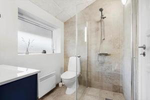 a bathroom with a toilet and a glass shower at 513-Hvide-Sande-Riskrogvej-16 in Havrvig +26 photos