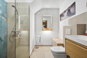 a bathroom with a shower and a toilet and a sink at 731-Hvide-Sande-Slusen-31 in Hvide Sande +42 photos
