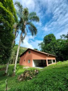 a house with a palm tree next to a building at Casa Petar Betari in Iporanga