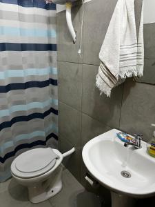 a bathroom with a toilet and a sink at Residencial Lapacho 2 in Luque