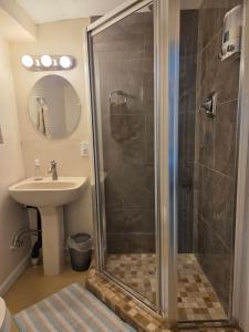 a bathroom with a shower and a sink at Quiet Desert Oasis off Swan Rd in Tucson