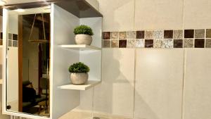two potted plants sitting on shelves next to a mirror at T2 Aix-Les-Bains atmosphere chalet in Aix-les-Bains +24 photos