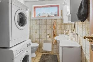 a bathroom with a washer and a toilet and a sink at 5015-Askeby-Gormsvej-5 in Askeby