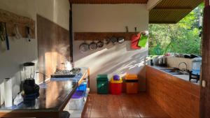 a kitchen with a counter and a sink and a stove at Playa Ganadito Ecolodge in Drake +29 photos