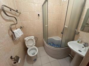 a bathroom with a shower and a toilet and a sink at TERRA Hotel in Almaty