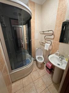 a bathroom with a shower and a toilet and a sink at TERRA Hotel in Almaty