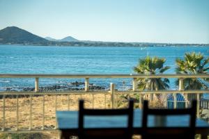 a view of a beach with palm trees and the ocean at Udo Daol Pension in Jeju