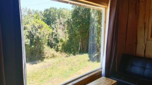 a window with a view of a forest from a train at Cabañas Canaan in Coñao